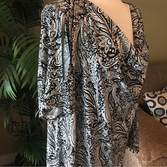 Dress Barn plus size black white cowl neck beaded stretch top - Picture 6 of 7